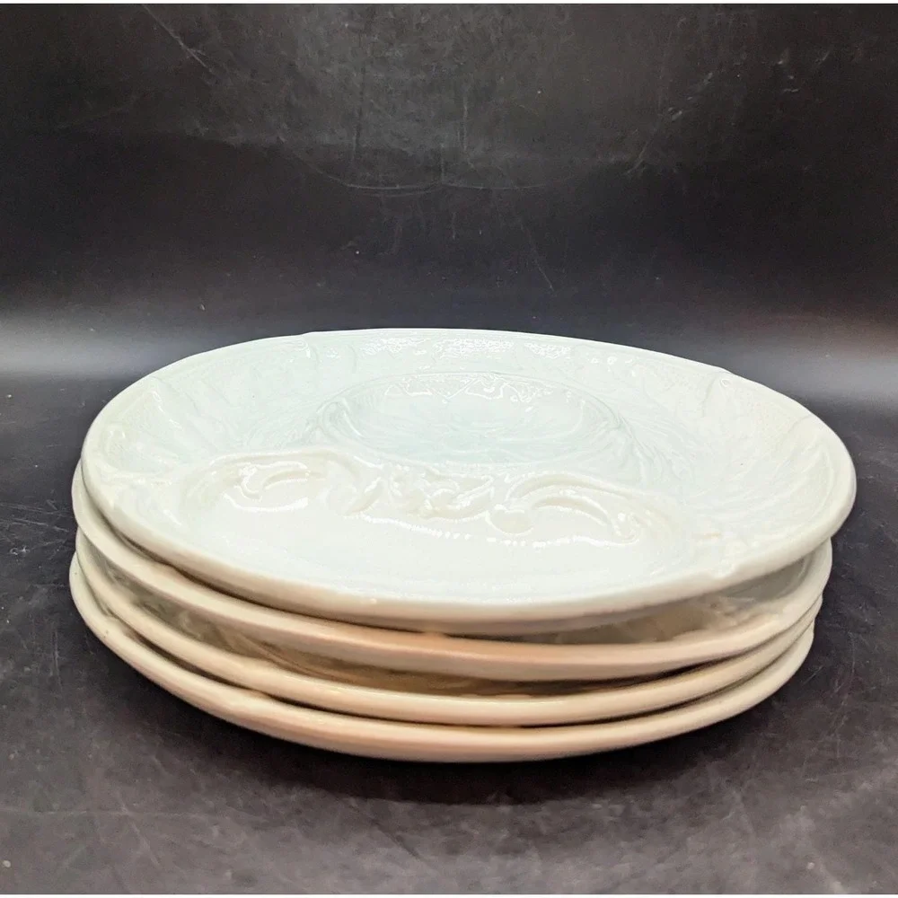 Set Of 4 P.V. France White Majolica Artichoke Plates Embossed Floral Design 9